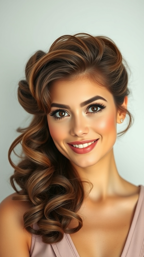 A woman with 60s-inspired half-up hair featuring a bouffant and soft curls.