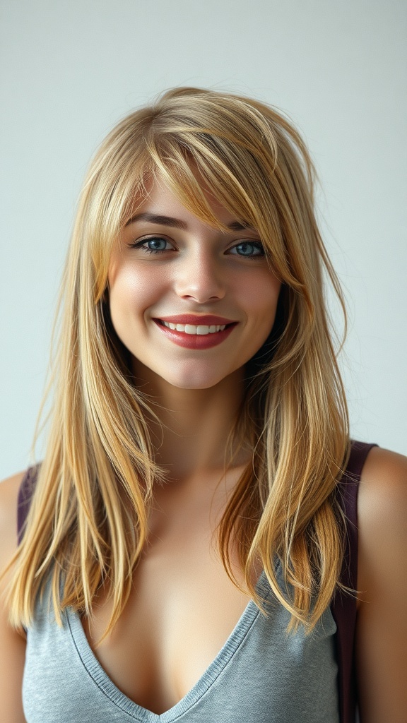 A woman with long, layered hair styled in a soft mulled shape, showcasing a 90s vibe.