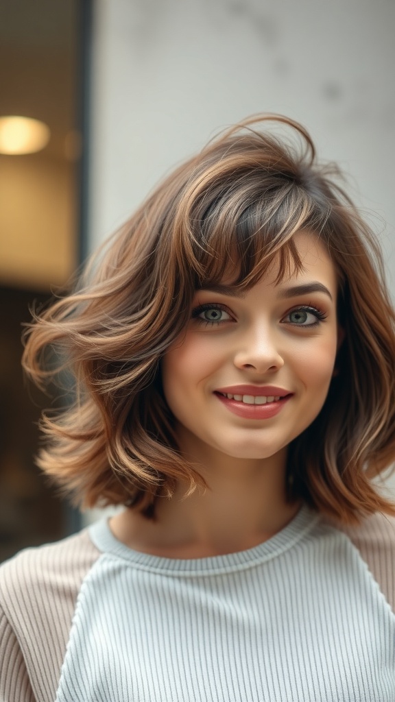 A woman with layered long hair and fluffy side bangs, smiling.