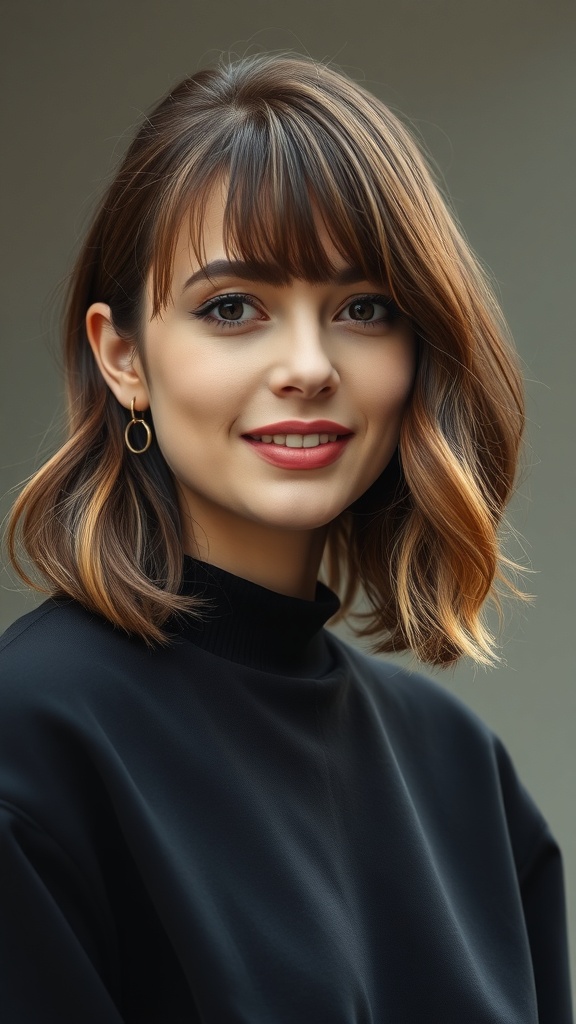 A woman with medium layered hair and curtain bangs, showcasing a 90s hairstyle.