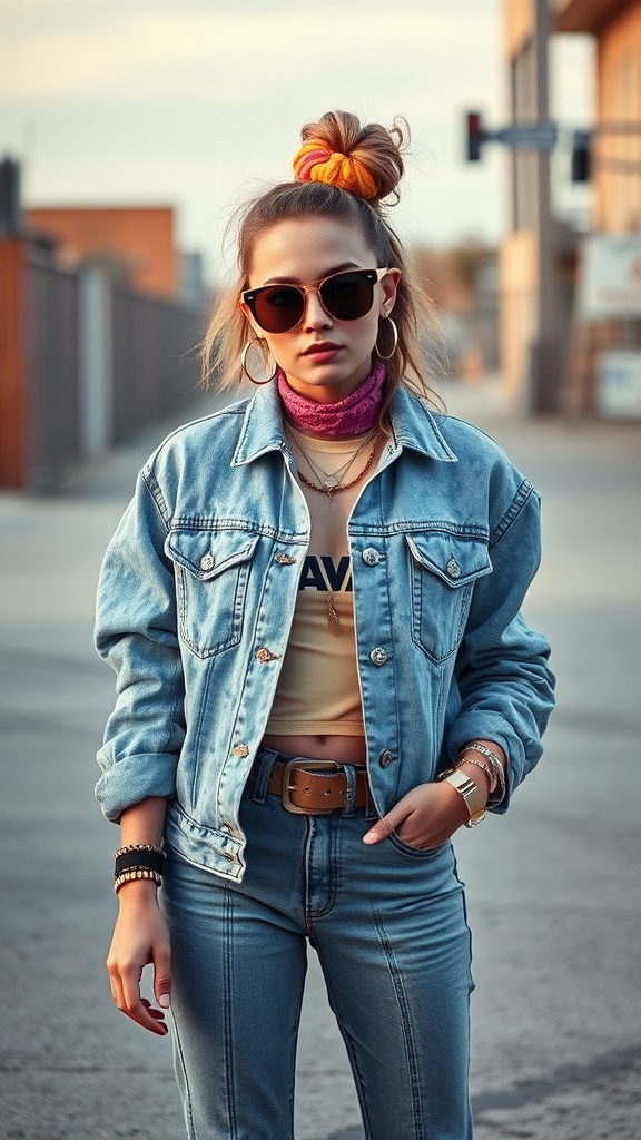 A young woman wearing an acid-wash denim jacket and jeans, styled with accessories and white high tops.