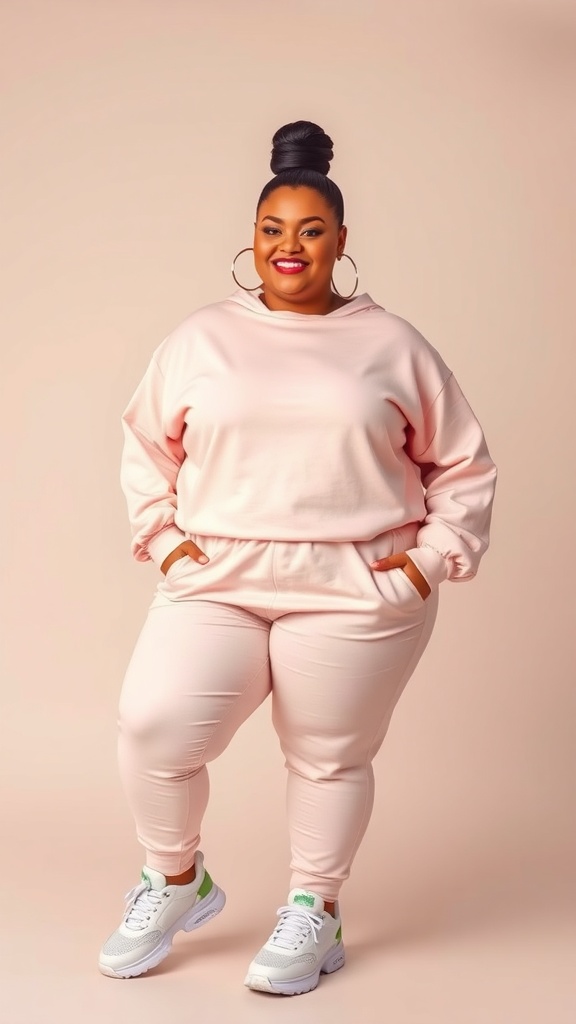 A short chubby girl wearing a pink tracksuit and chunky sneakers, smiling against a light pink background.