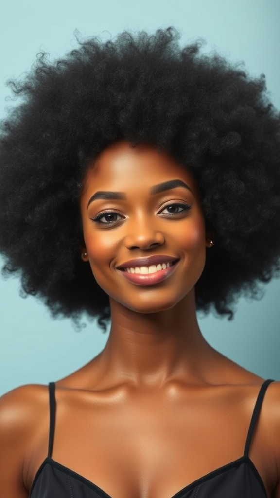 A woman with a rounded afro hairstyle, smiling against a light blue background.