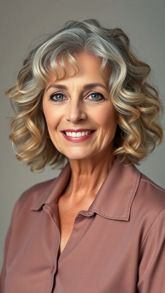 A woman with loose curls styled in an airy bob, showcasing her grey hair.