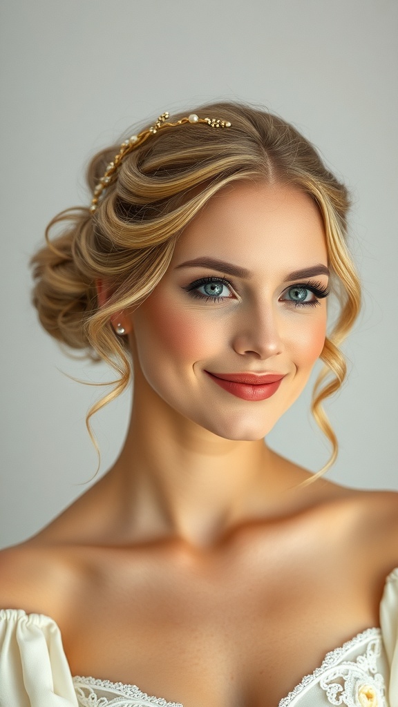 A bride with an airy loose bun hairstyle adorned with a delicate hair vine, showcasing a soft and elegant look.