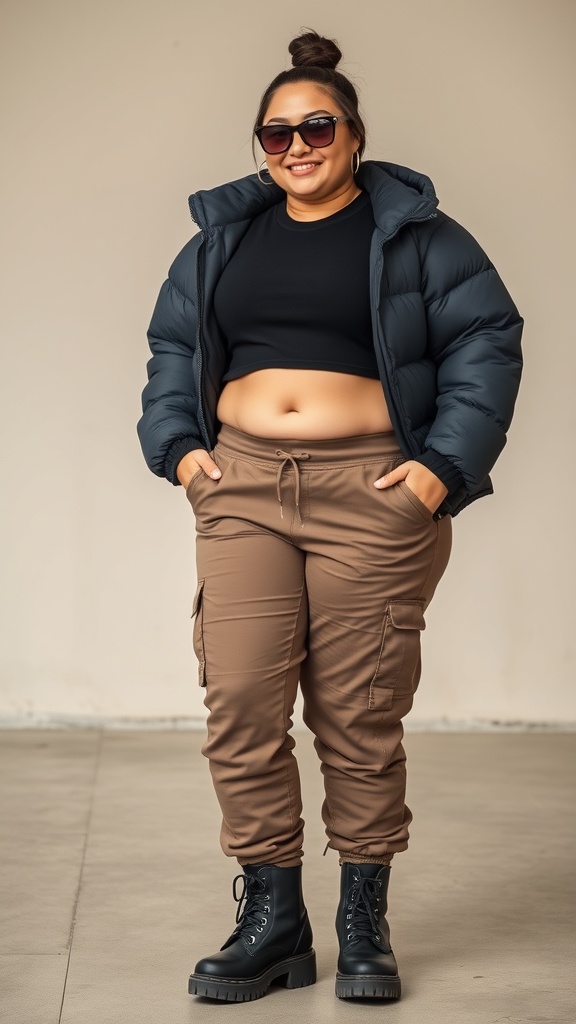 A short chubby girl wearing a cropped black top, puffy black jacket, and brown cargo pants with black boots, showcasing an all-black monochrome streetwear style.