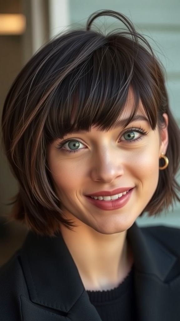 A woman with an angled bob haircut featuring wispy bangs and a chunky texture, smiling at the camera.