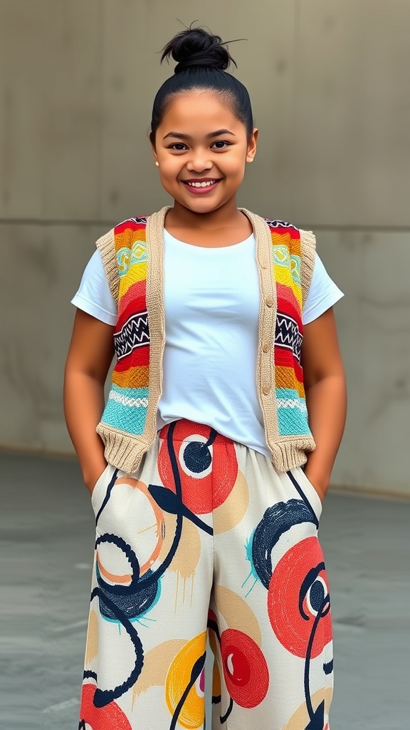 A young girl wearing a colorful knit vest over a white shirt and abstract patterned pants, smiling confidently.