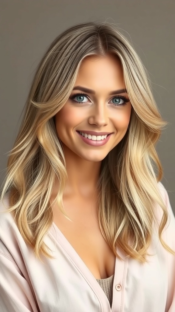 A woman with ash blonde layered hair styled in soft waves, wearing a light pink top and smiling.
