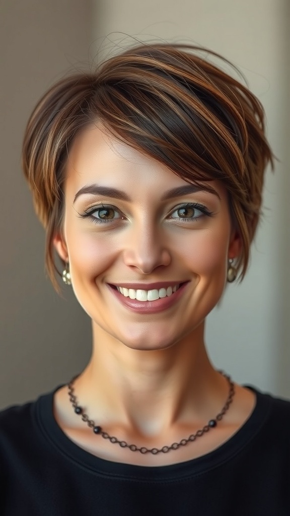 A woman with an ash brown bob hairstyle featuring subtle balayage, smiling at the camera.