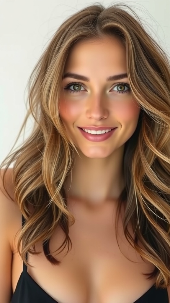 A woman with ash brown layered hair, showcasing soft waves and a bright smile.