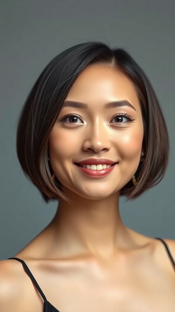 A woman with an asymmetrical blunt cut bob hairstyle, showcasing a modern chin-length look.