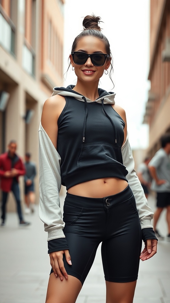 A woman wearing an asymmetrical hoodie and biker shorts, showcasing a stylish hiphop dance outfit.