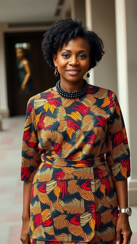 A woman wearing an asymmetrical Kente skirt set with modern flair, showcasing vibrant colors and stylish sleeves.