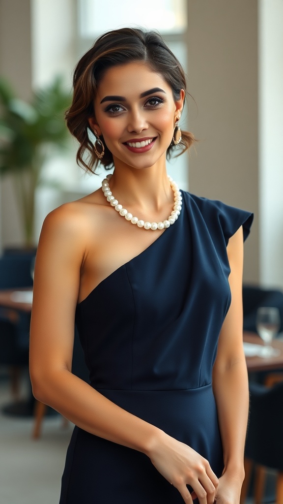 A woman in an asymmetrical navy blue dress with pearl earrings, smiling in a restaurant setting.