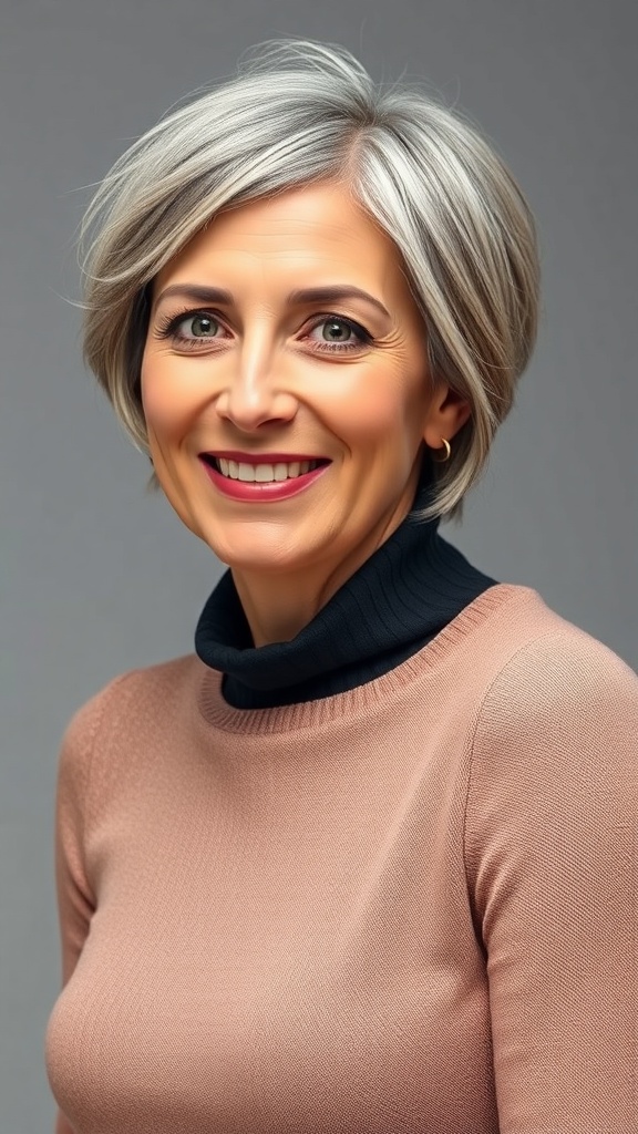 A woman with an asymmetrical silver bob and choppy layers, smiling confidently.