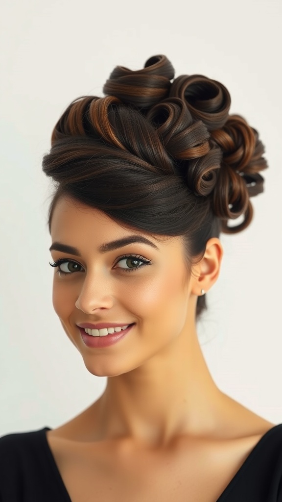 A woman with an asymmetrical updo featuring defined curls, showcasing a stylish and elegant hairstyle.