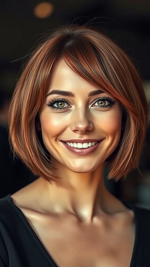 A woman with auburn chin-length bob hairstyle, smiling confidently.