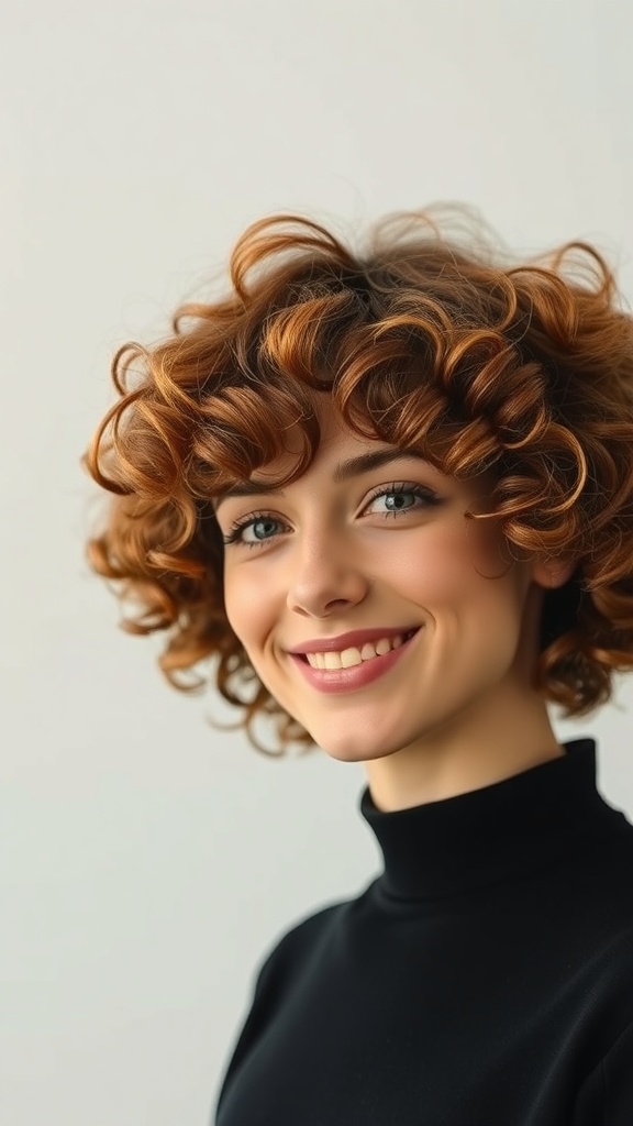 A woman with auburn curly hair and layered bangs, smiling against a neutral background.