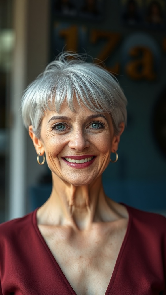 A woman with a silver textured crop and baby bangs, smiling warmly.