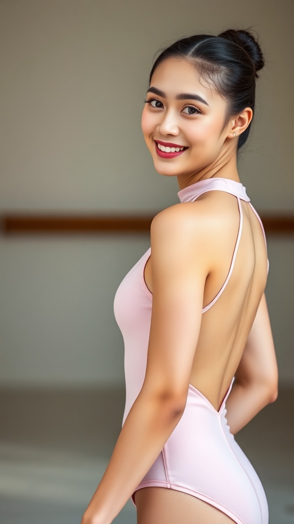 A dancer wearing a ballet pink leotard with a high neck and open back, smiling at the camera.