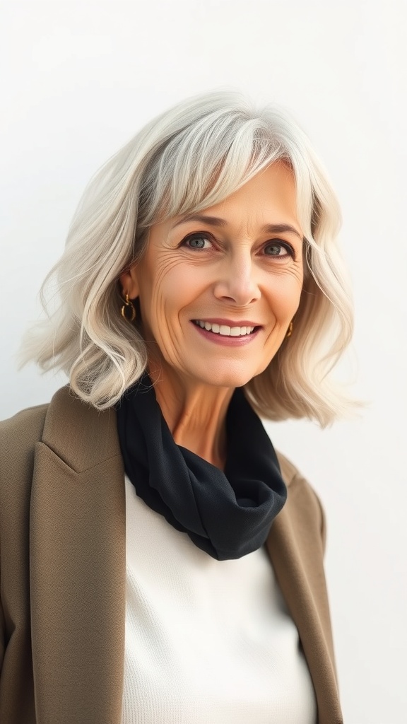 A smiling older woman with a choppy bob hairstyle and soft bangs, wearing a stylish outfit.