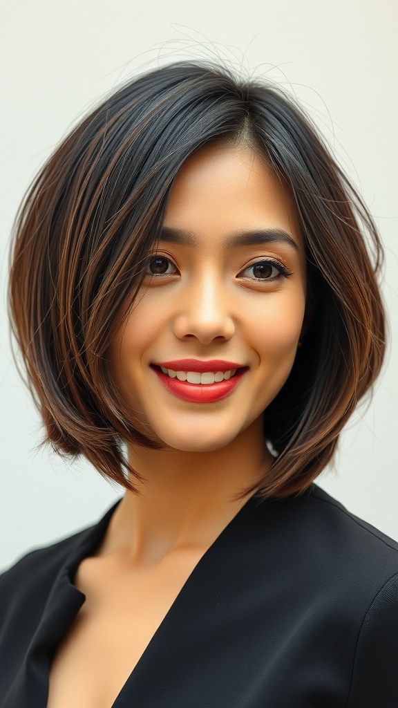 A woman with a barely layered blunt cut bob chin-length hairstyle, smiling with a bold red lip.