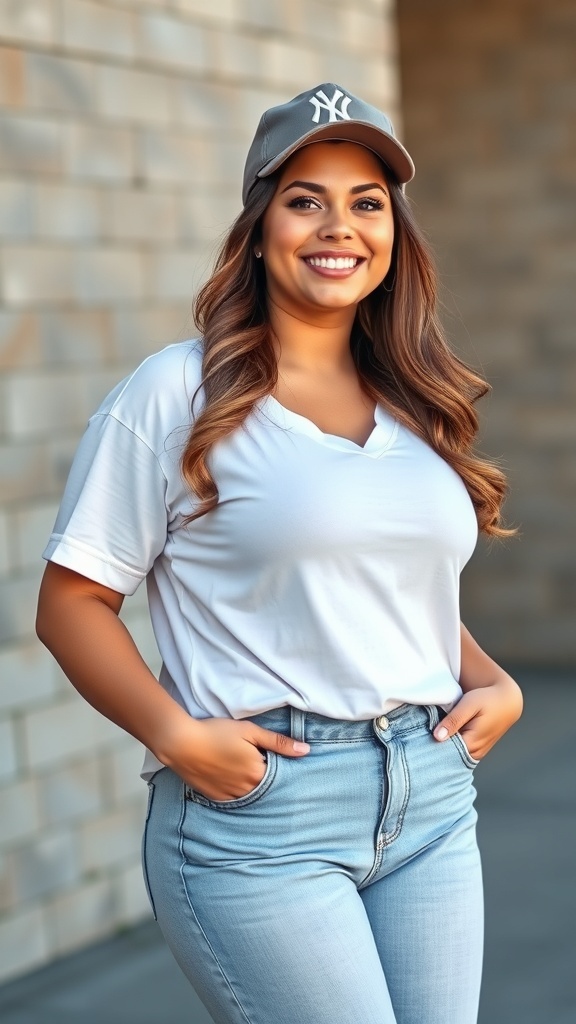 A woman wearing a baseball cap, white tee, and cuffed jeans, smiling confidently.
