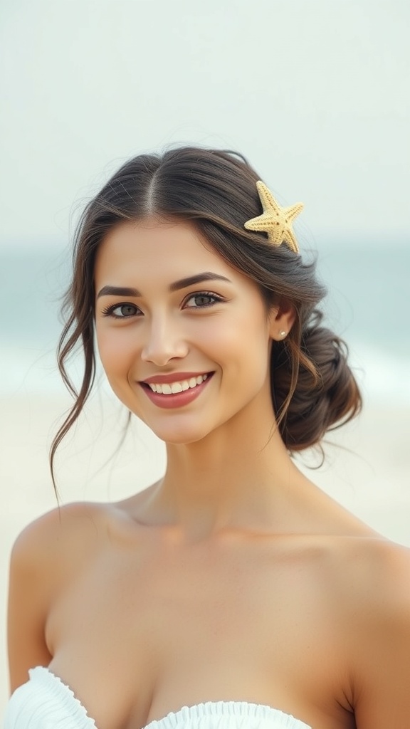 A woman with a beachy chignon hairstyle adorned with a starfish clip, smiling at the beach.