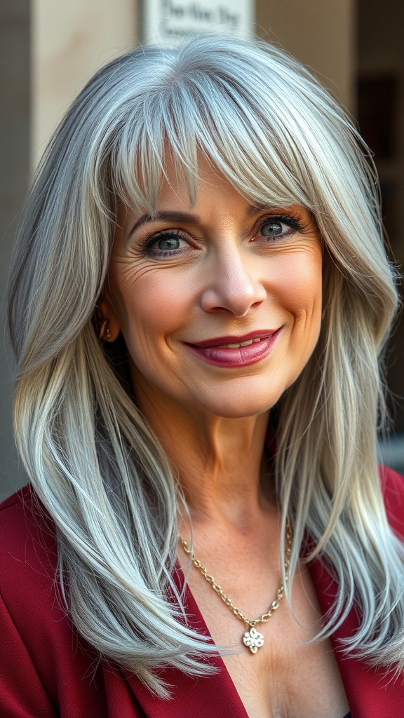 A woman with beautiful gray hair styled with face-framing strands, wearing a red blazer and a necklace.