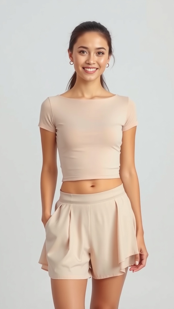 A model wearing a beige crop top and drape shorts, showcasing a modern dance outfit.