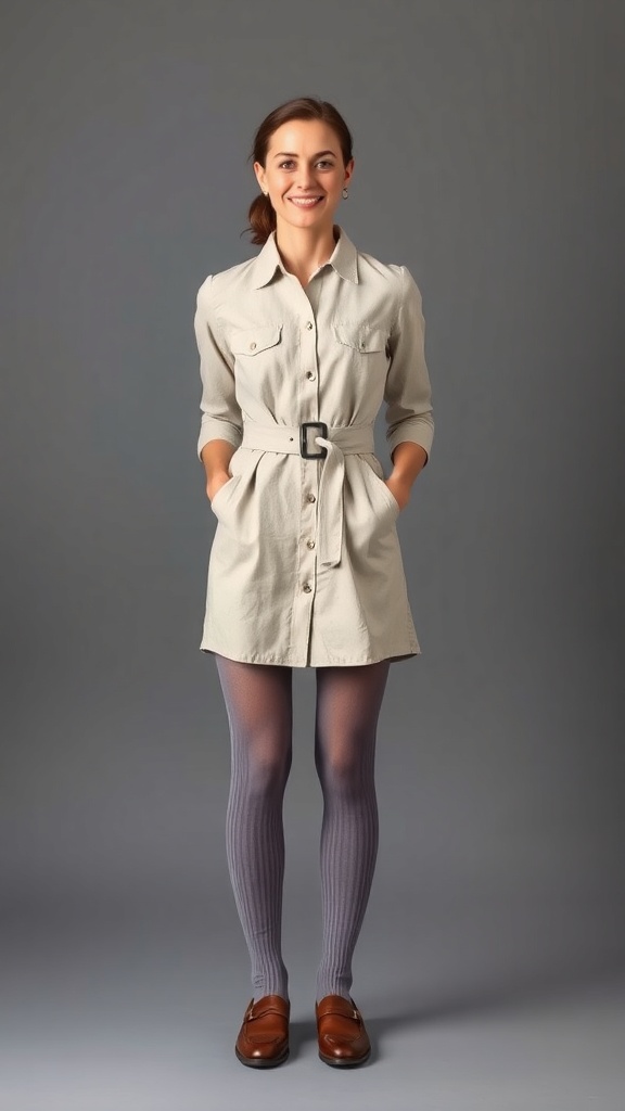 A woman wearing a belted shirt dress with ribbed stockings and brown loafers, smiling at the camera.