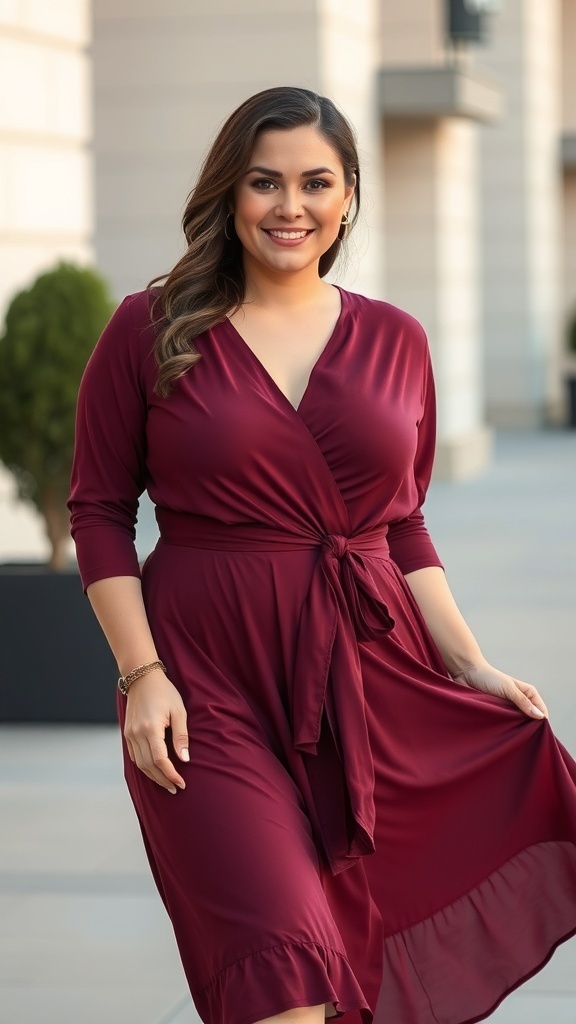 A woman wearing a burgundy belted wrap dress, smiling outdoors.