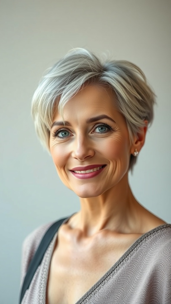 A stylish older woman with a soft textured bob hairstyle, smiling confidently.
