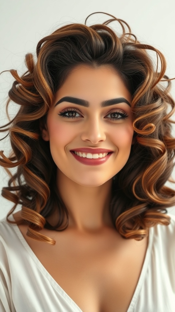 A woman with big, bouncy curls, smiling brightly, showcasing a glamorous birthday hairstyle.