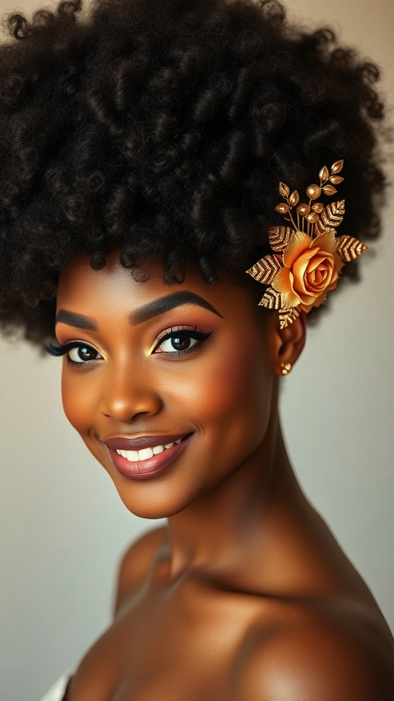 A woman with a big curly afro hairstyle adorned with a floral comb, showcasing a radiant smile.