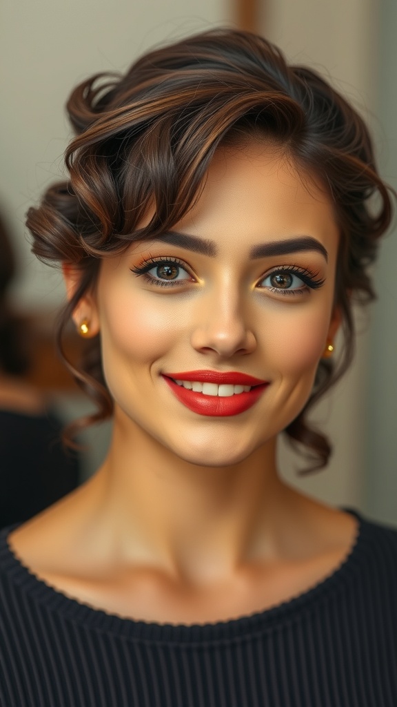 A woman with big side-swept bangs and voluminous curls, showcasing a 70s hairstyle.