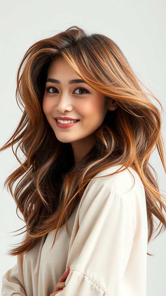 A woman with big volume 90s layered hair, smiling and showcasing her hairstyle.