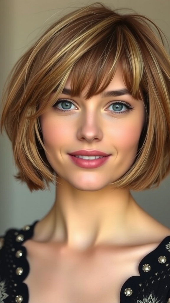 A woman with a bixie cut featuring feathered bangs, showcasing a trendy short hairstyle.
