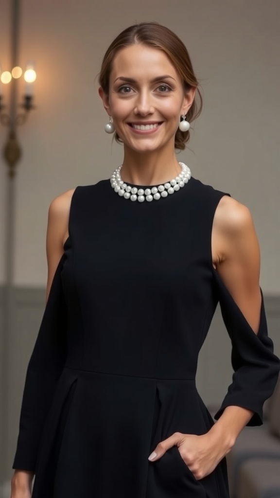 A woman wearing a black A-line midi dress with pearl details, smiling confidently.