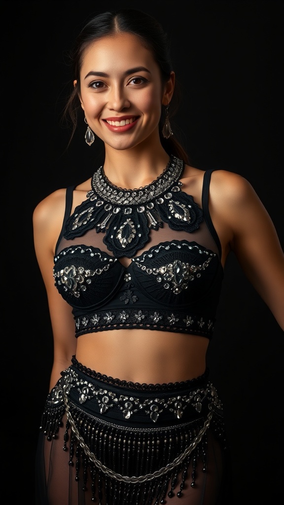 A dancer wearing a black belly dance costume with a high-neck bra and crystal beads, smiling confidently.