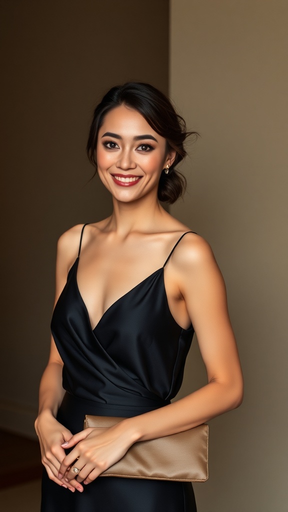 A woman wearing a black cowl neck slip dress holding a clutch, smiling at the camera.