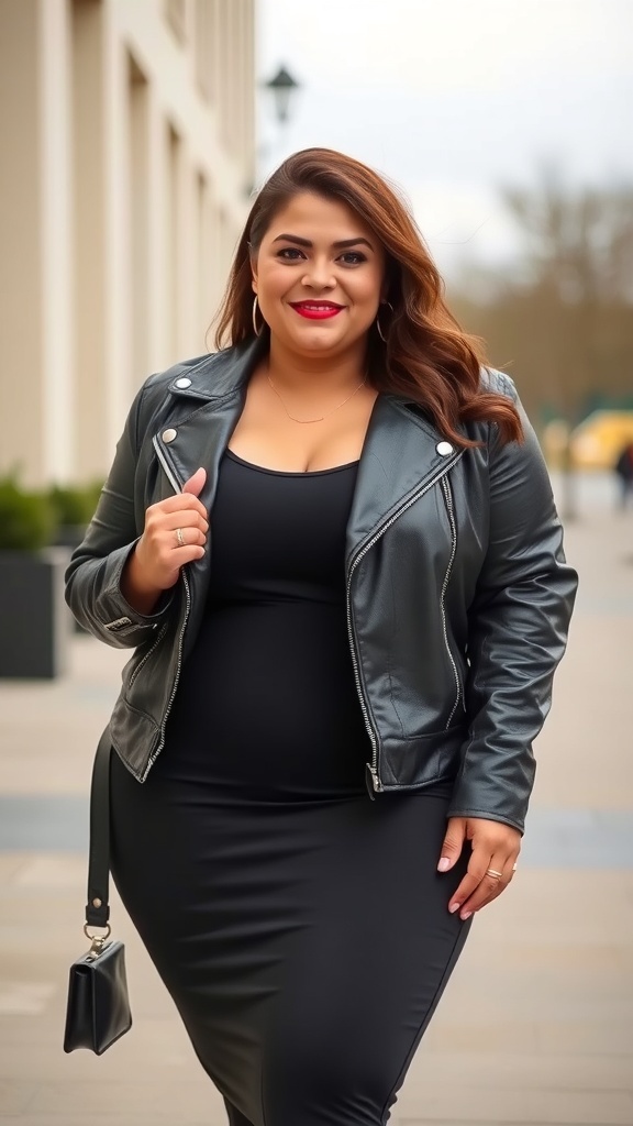 A confident woman wearing a black ribbed bodycon dress and a leather jacket.