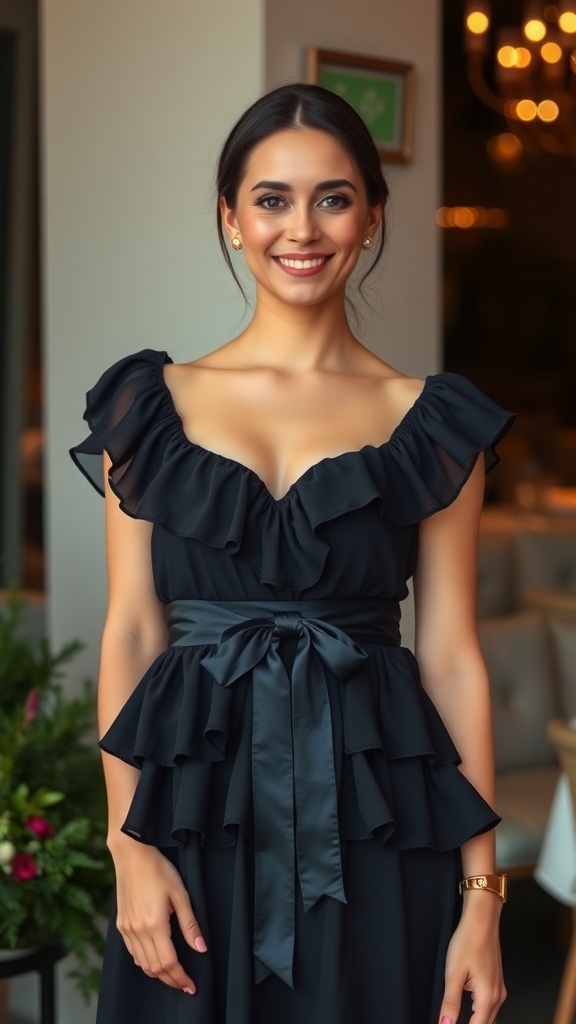 A woman wearing a black tiered ruffle midi dress with a satin tie waist, smiling at the camera.