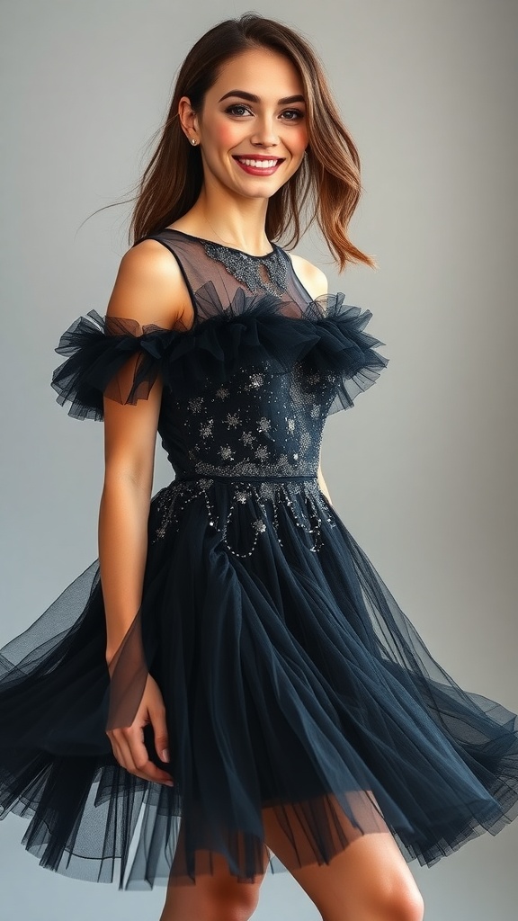 A woman wearing a black tulle tiered dress with glitter accents, smiling at the camera.