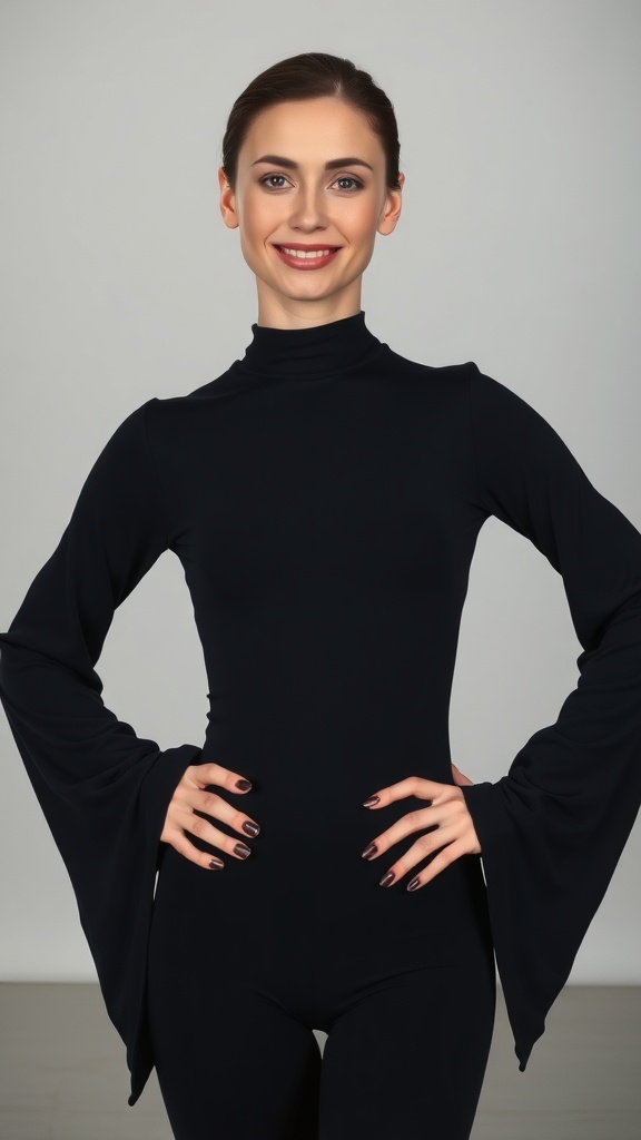 A dancer wearing a black turtleneck unitard with dramatic sleeves, smiling confidently.