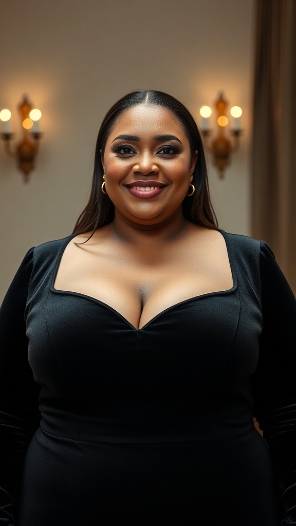 A woman wearing a black velvet bodycon midi dress, smiling confidently.