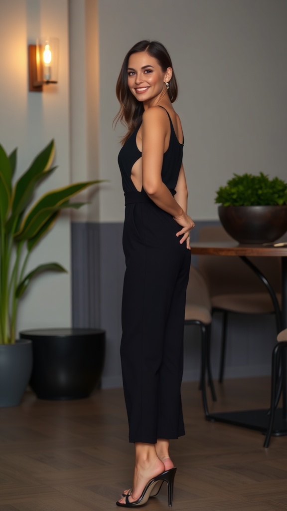 A woman wearing a black wide-leg jumpsuit with a cutout back, smiling and posing in a stylish interior.