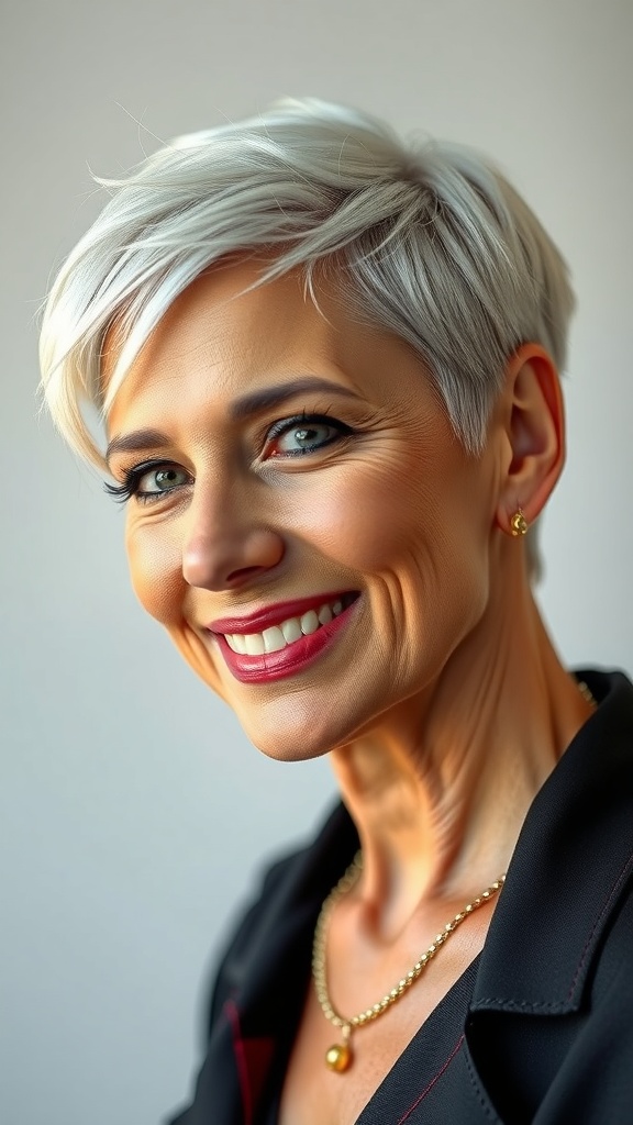 A woman with a bleached buzz cut and side fade, smiling confidently.