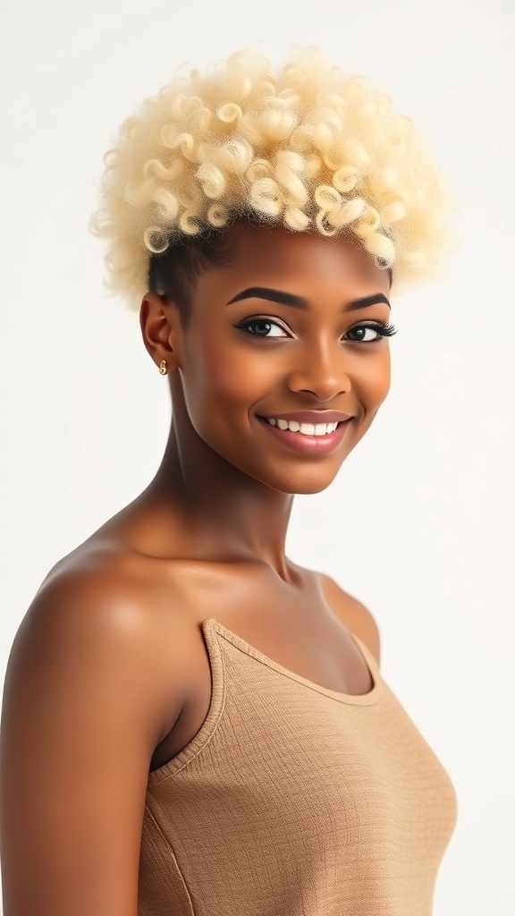 A person with a bleached curly short afro, smiling and wearing a brown top.